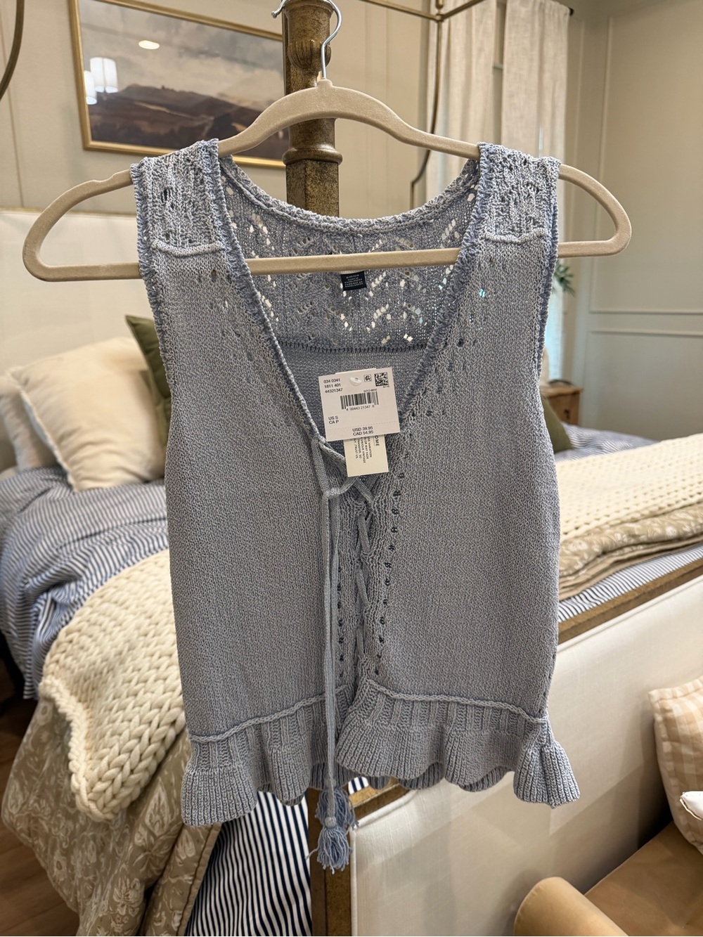 American Eagle Outfitters Light Blue Knit Tie-Front Ruffle Tank